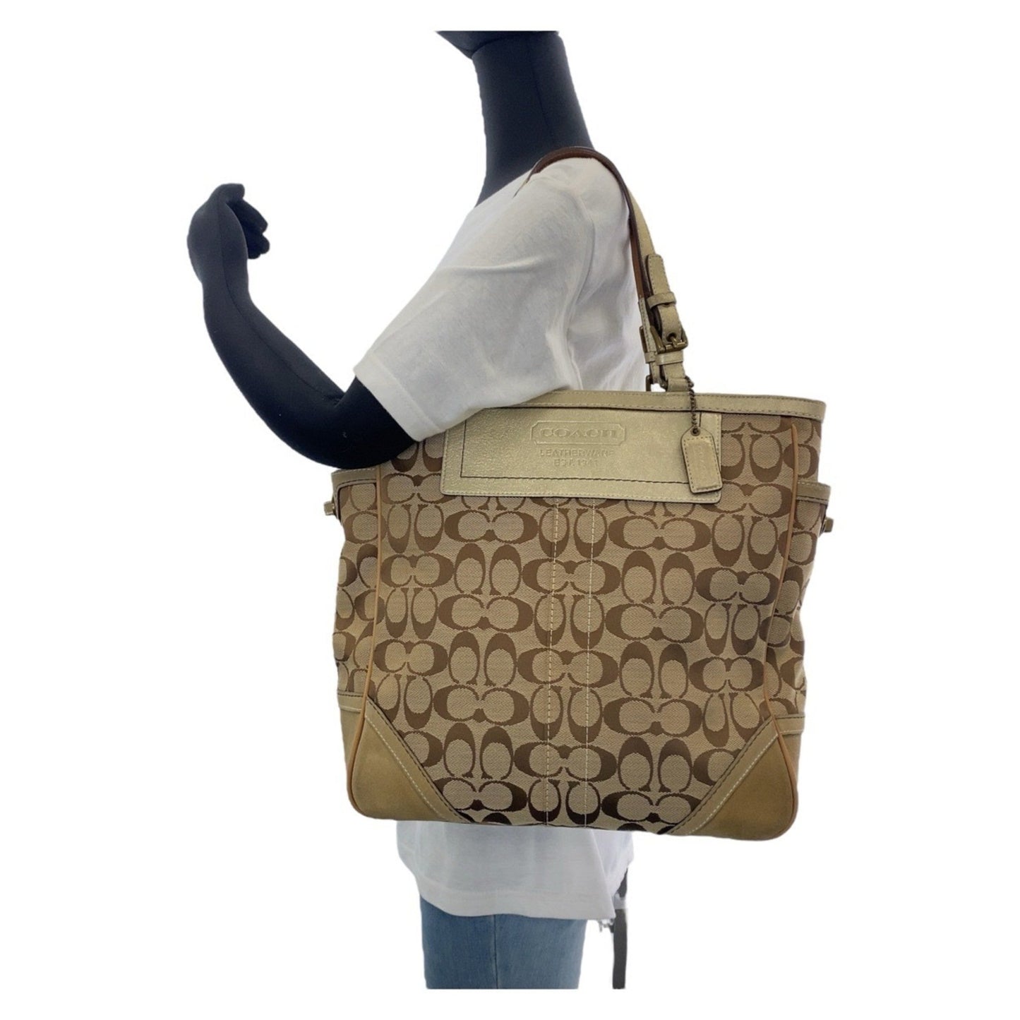 Coach Signature Beige Gold Hardware Canvas Tote Bag Shoulder