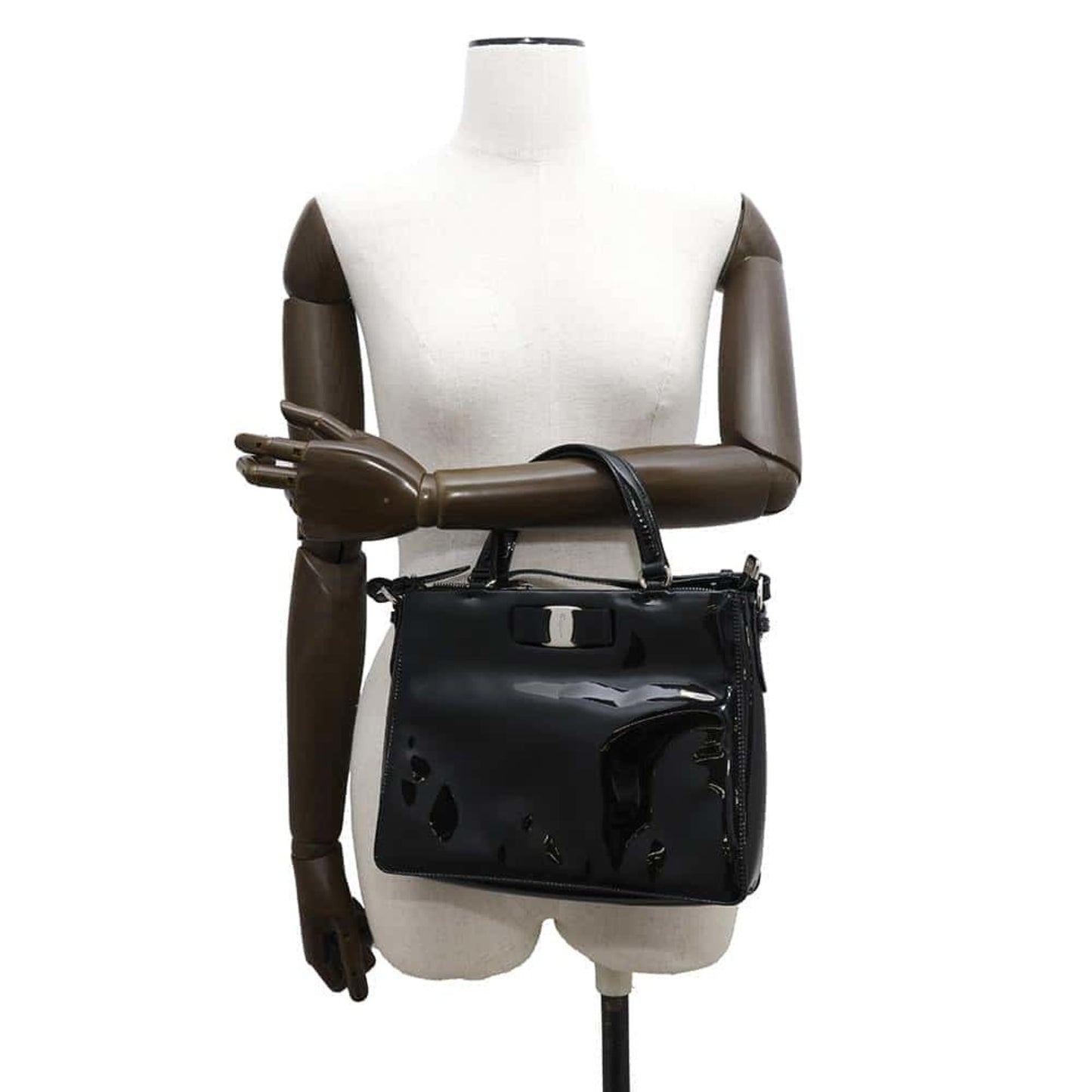 Salvatore Ferragamo Handbag Vara Ribbon Patent 2Way Shoulder Bag Black