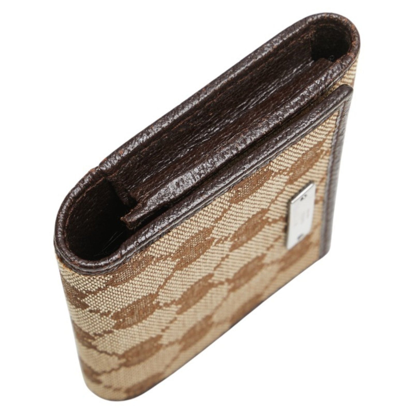 Gucci Gg Canvas Logo Plate Card Case 131886 Beige Dark Brown Leather