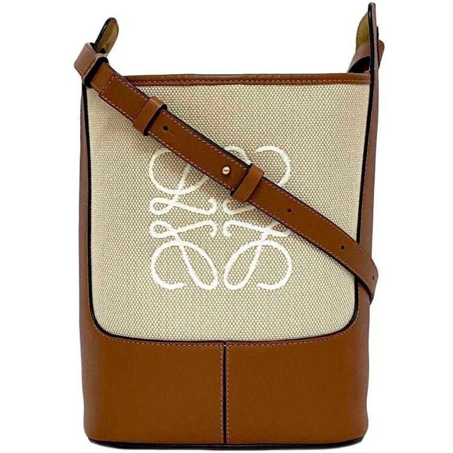 Loewe Shoulder Bag F-21320 Brown Beige Anagram A710W86X01 Bucket Hobo Canvas Leather 062115