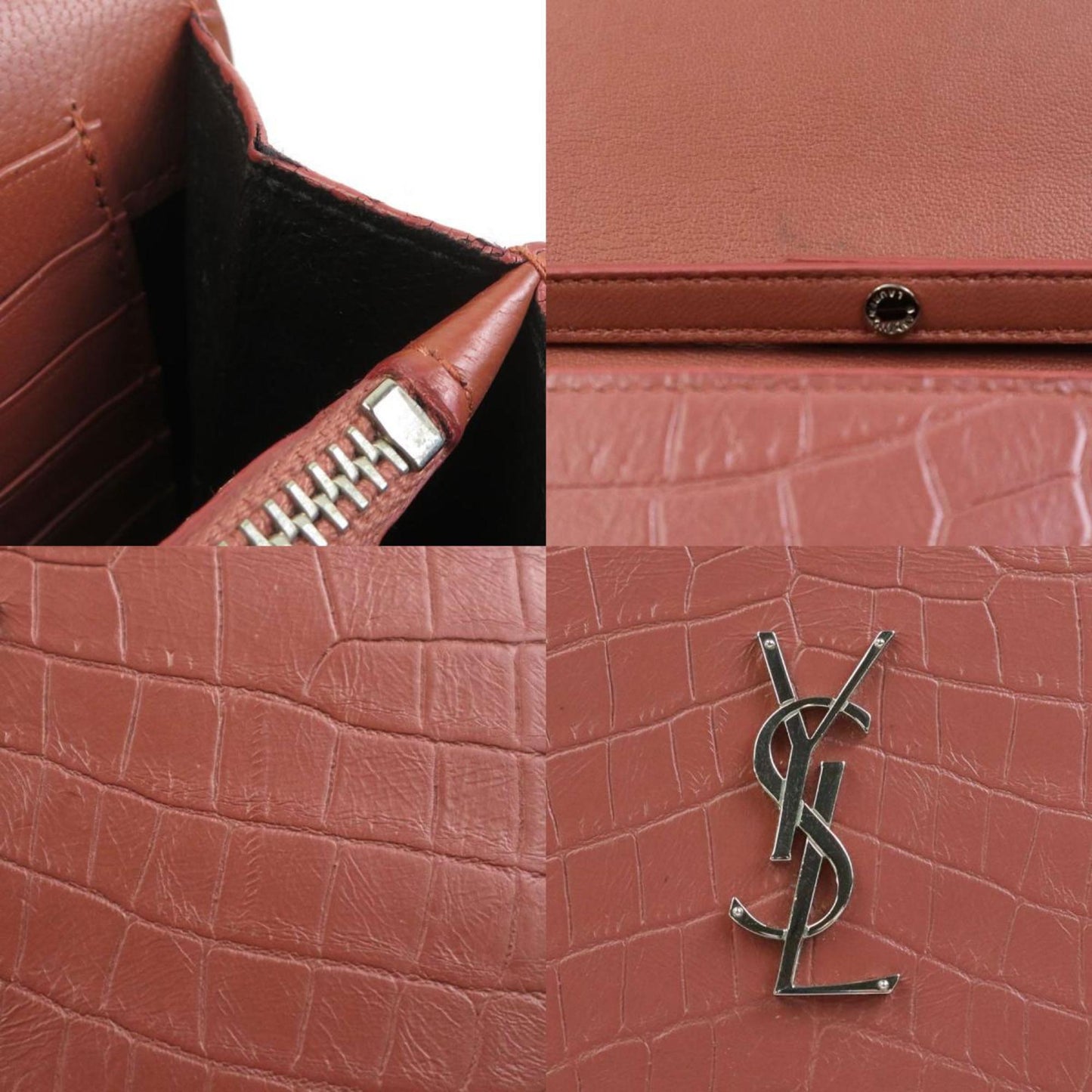 Saint Laurent Wallet Chain Shoulder Bag Embossed Leather Pink Brown Silver