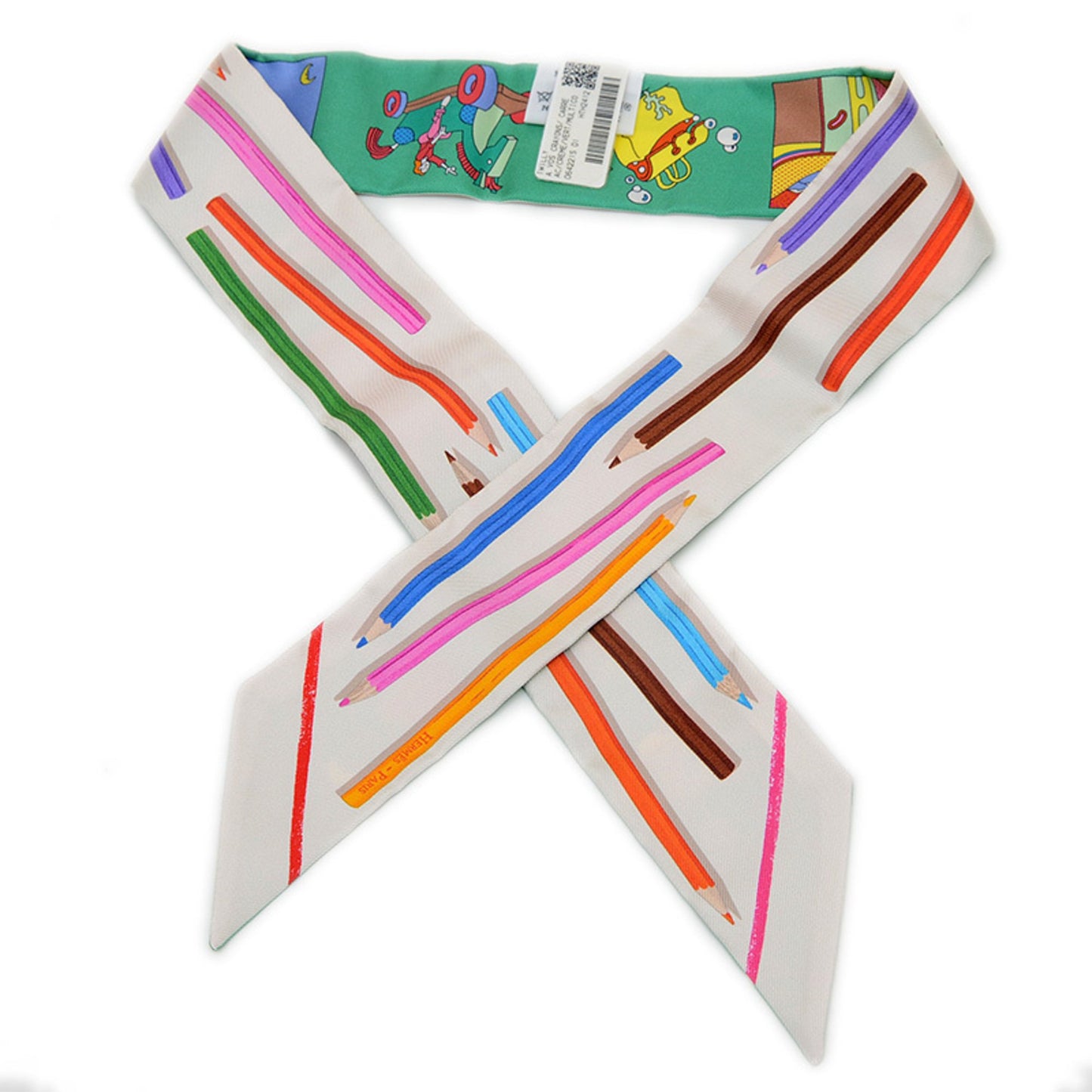 Hermes Herms Twilly Scarf/Muffler: Get Out Your Colored Pencils! Carre Libre Silk Creme Vert