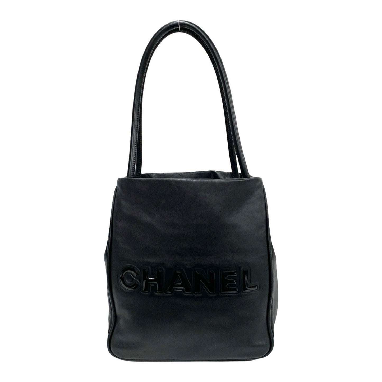 Chanel Camellia Logo Leather Tote Bag Handbag Black 29098