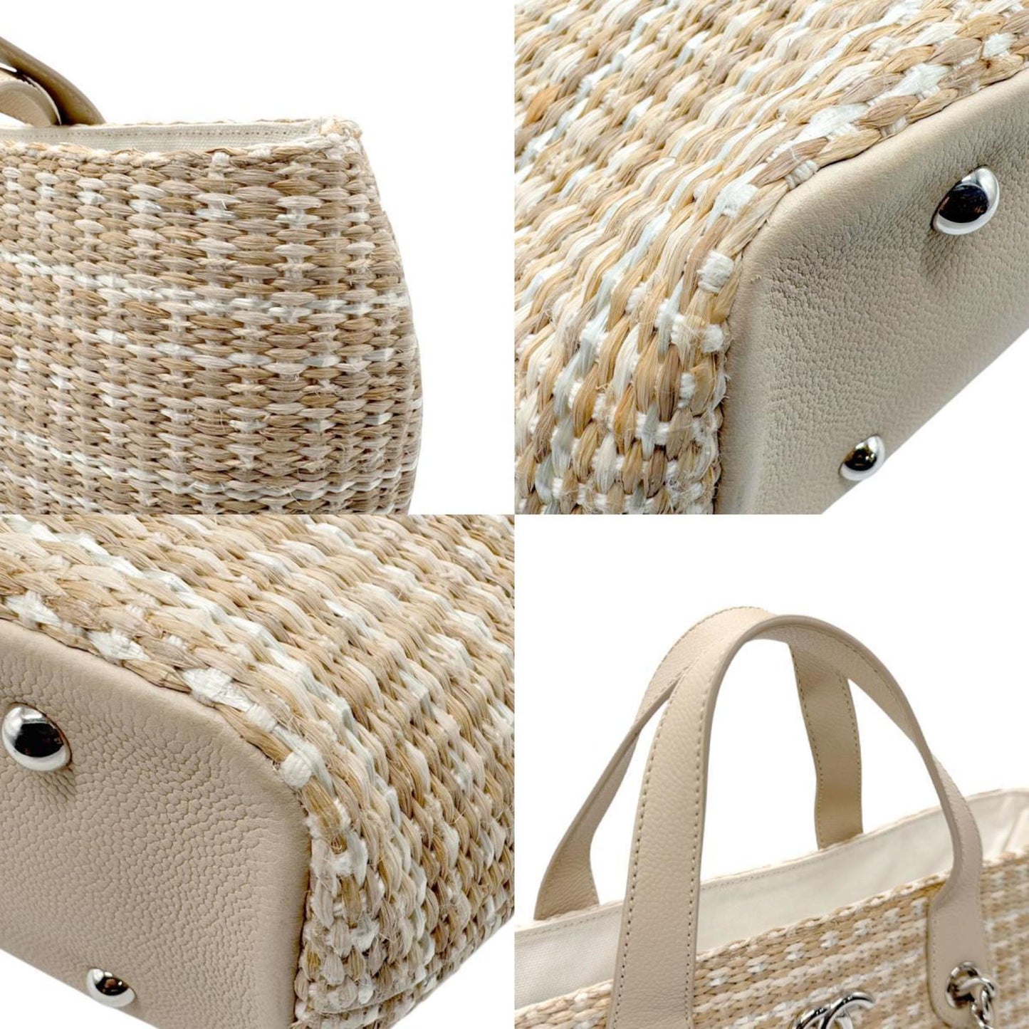 Chanel Handbag Shoulder Bag Raffia Leather Light Beige Silver
