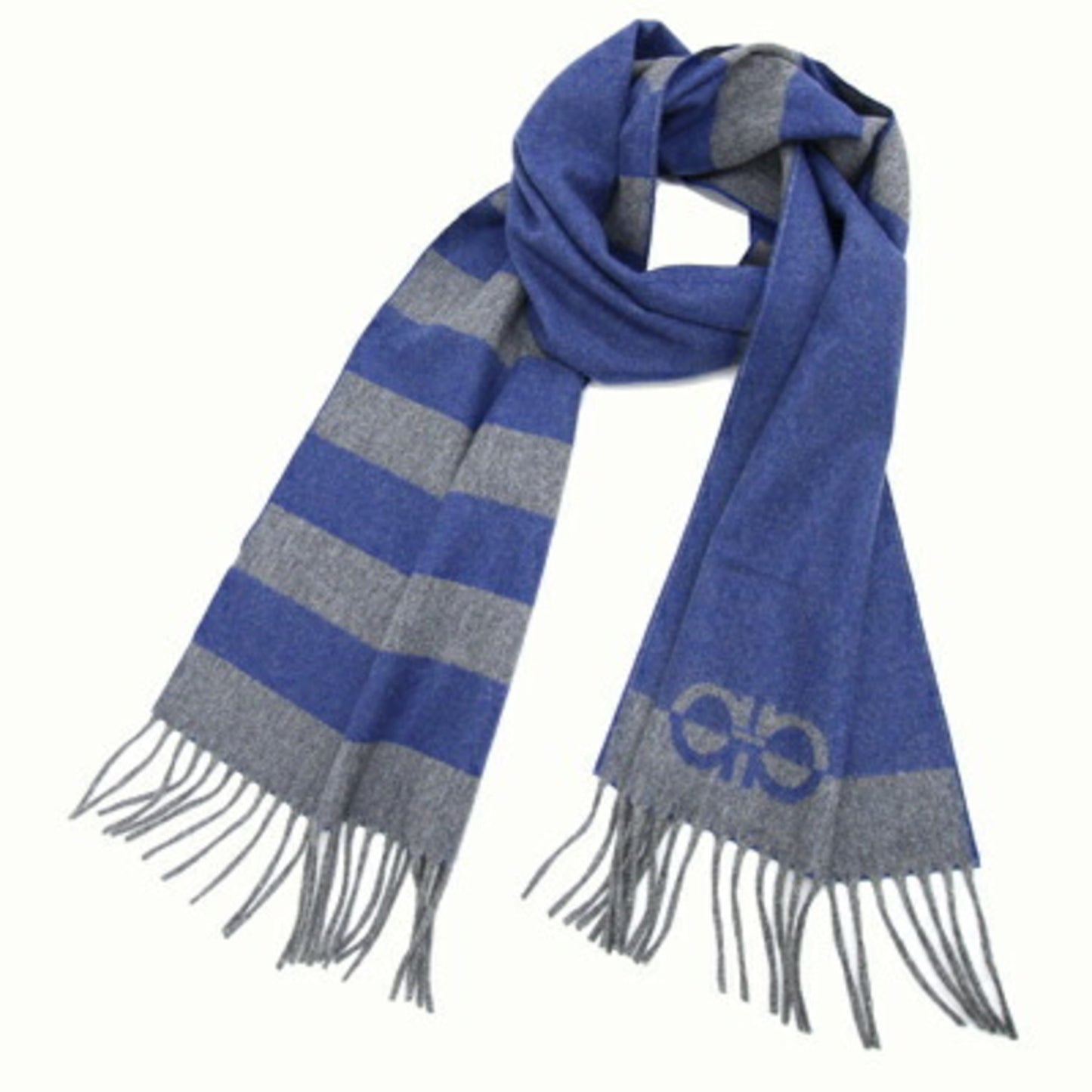 Salvatore Ferragamo Scarf Gancini 527941 Blue Grey Wool Cashmere