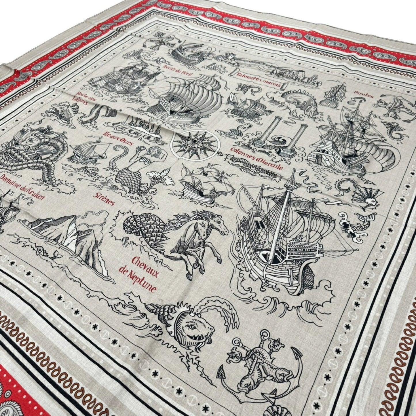 Hermes Hermes Carre Geant Sailor Tattoo Bandana Natural Rouge Noir Red Black Cashmere Silk 140