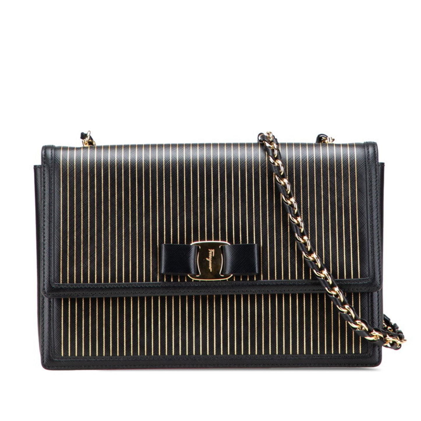Salvatore Ferragamo Vara Ribbon Stripe Chain Shoulder Bag In Black