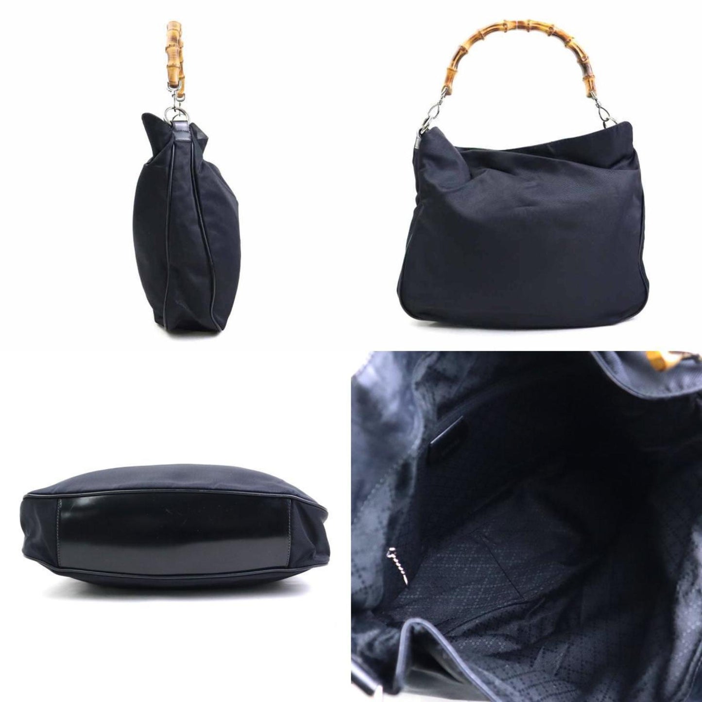 Gucci Shoulder Bag Bamboo Nylon Canvas Leather Black Silver
