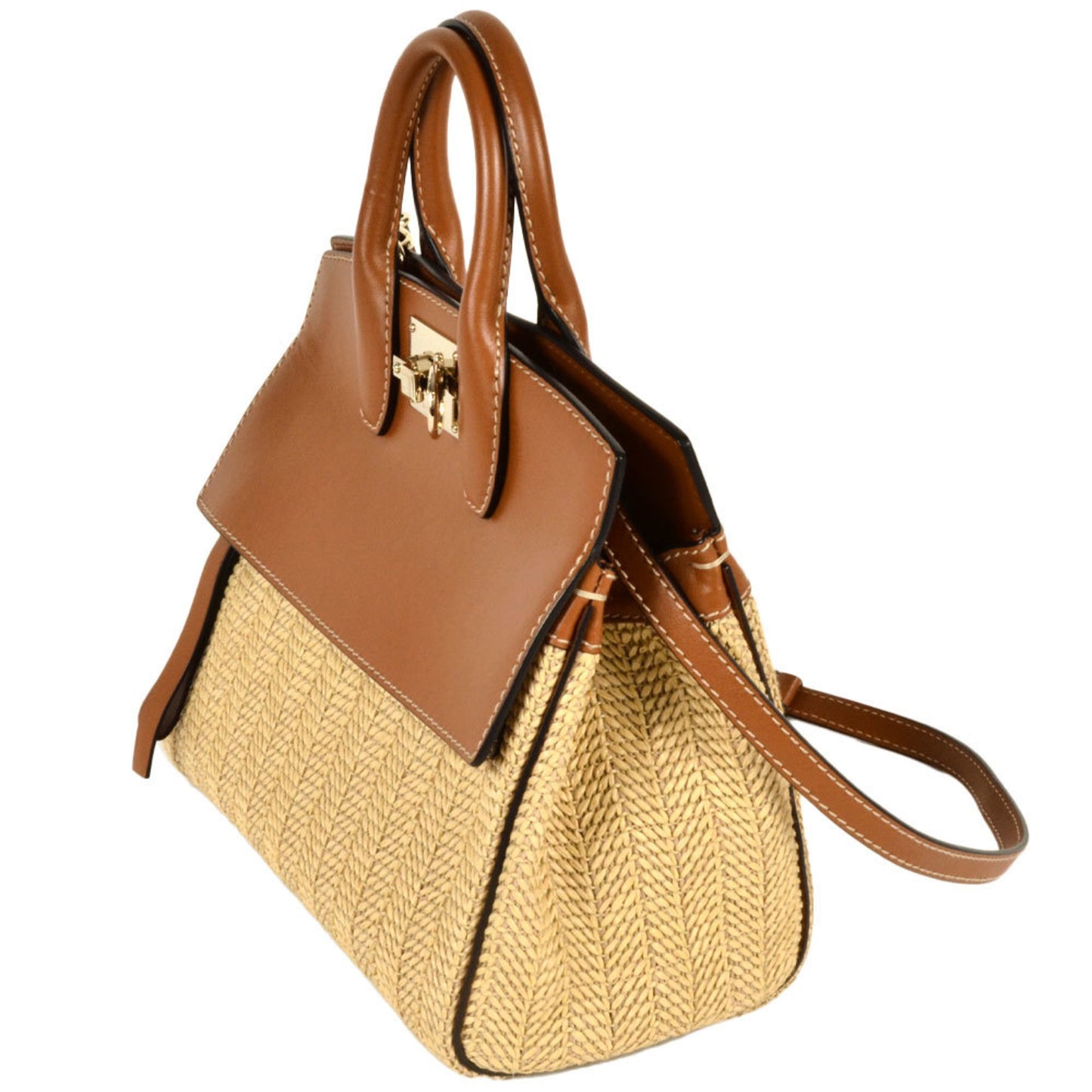 Salvatore Ferragamo Ferragamo Gancini Studio Bag Handbag Leather Raffia Dh-21 H539 Brown