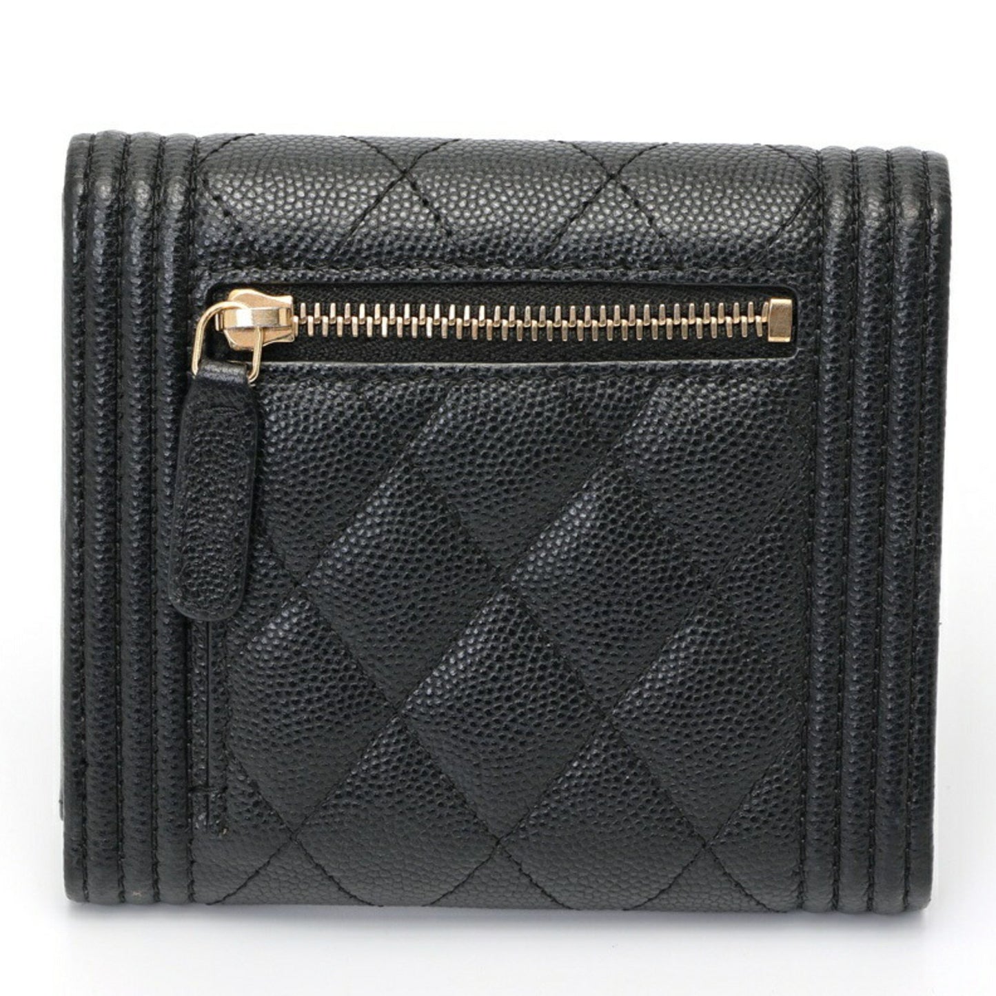 Chanel Boy Chanel Tri-Fold Wallet Compact A80743 Caviar Skin Black S-157722