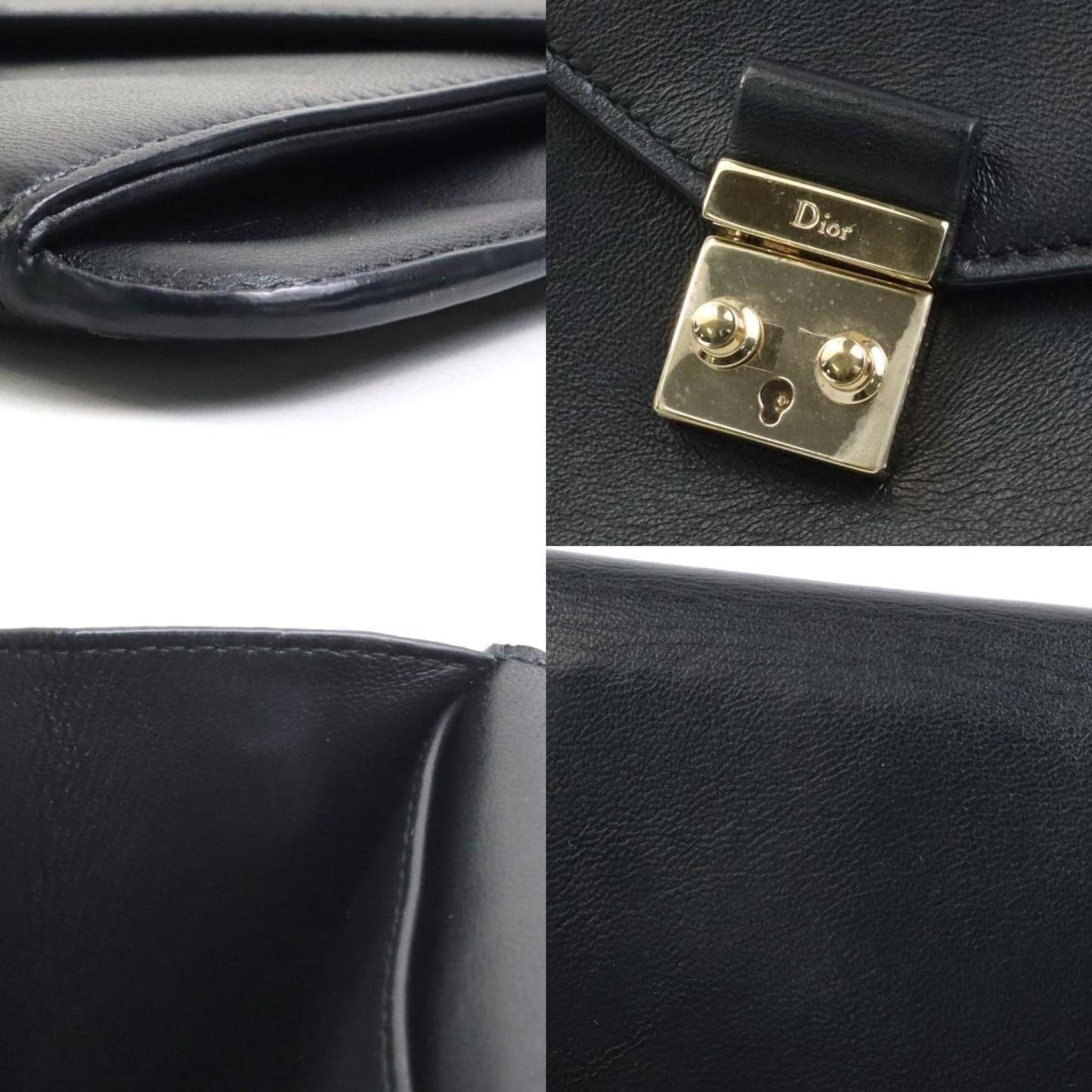 Christian Dior Chain Wallet Clutch Bag Leather Black