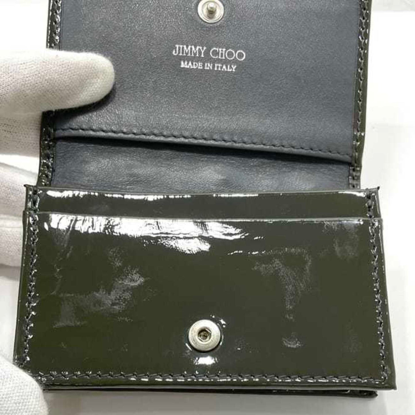 Jimmy Choo Business Card Case Ec-23889 Khaki Green Patent Leather Jimmy Choo Studded Star Design