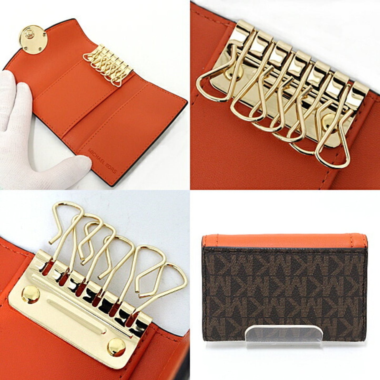 Michael Kors 6-Ring Key Case Mk Signature Bicolor Orange Brown Gold