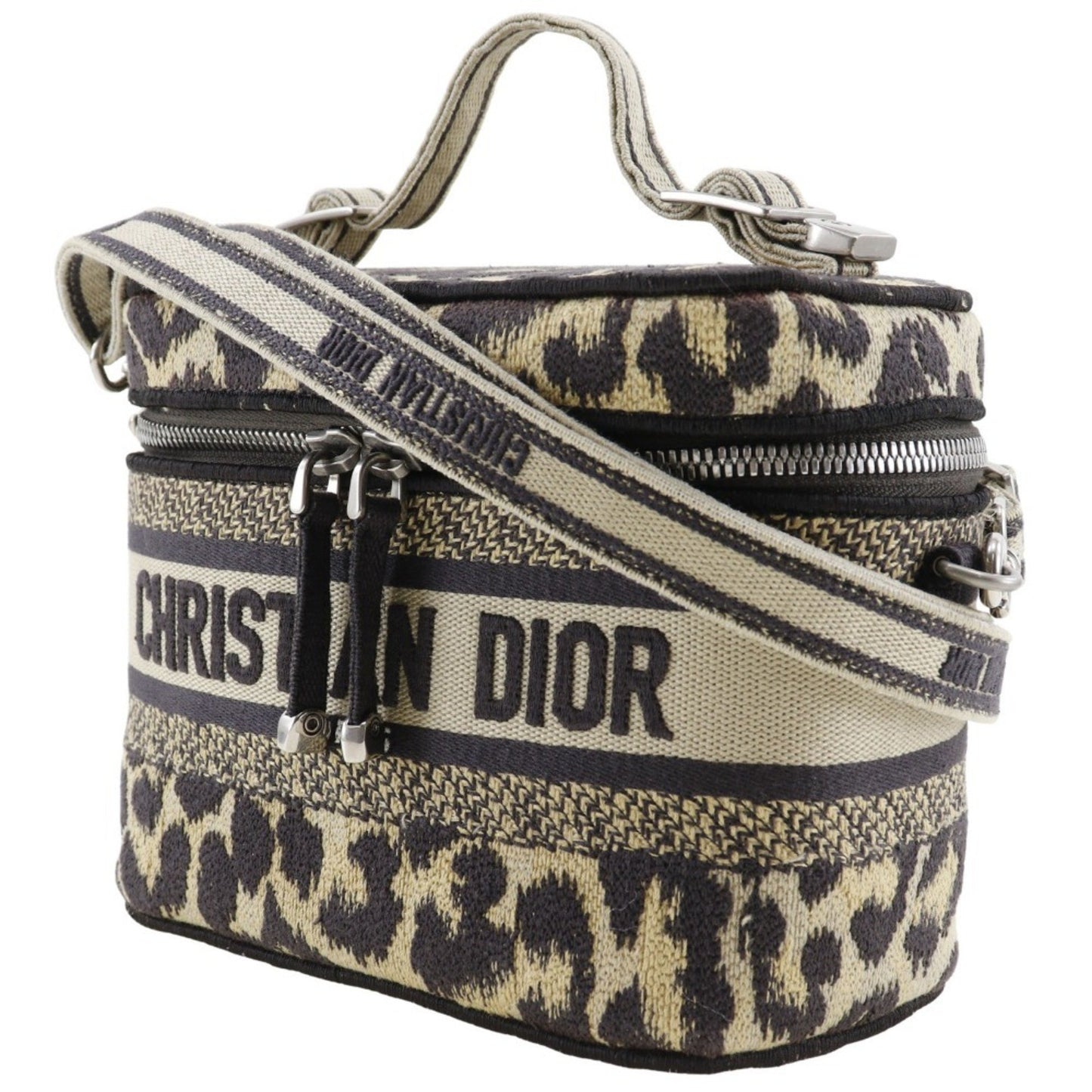 Christian Dior Vanity Handbag Shoulder Leopard Canvas Beige 2Way Double