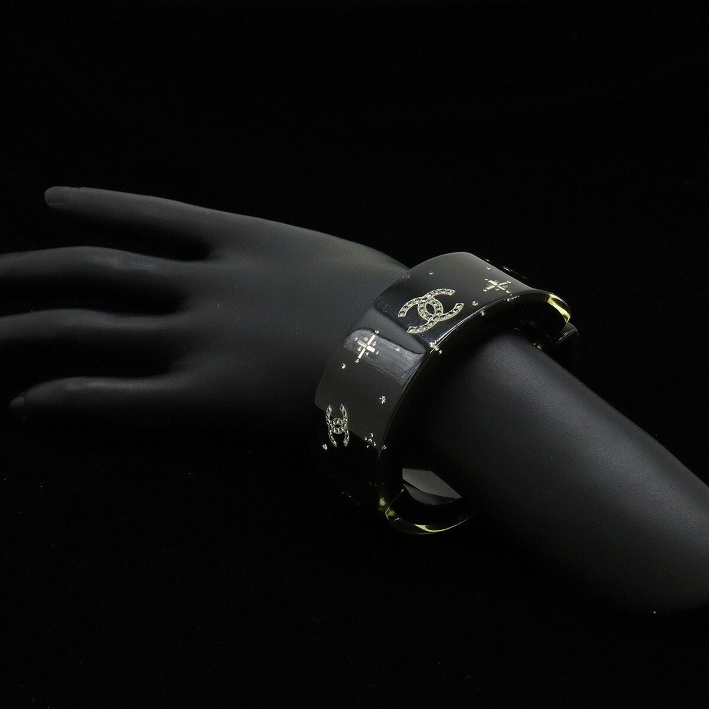 Chanel Bangle Bracelet Coco Mark Rhinestone Resin Black 07 A