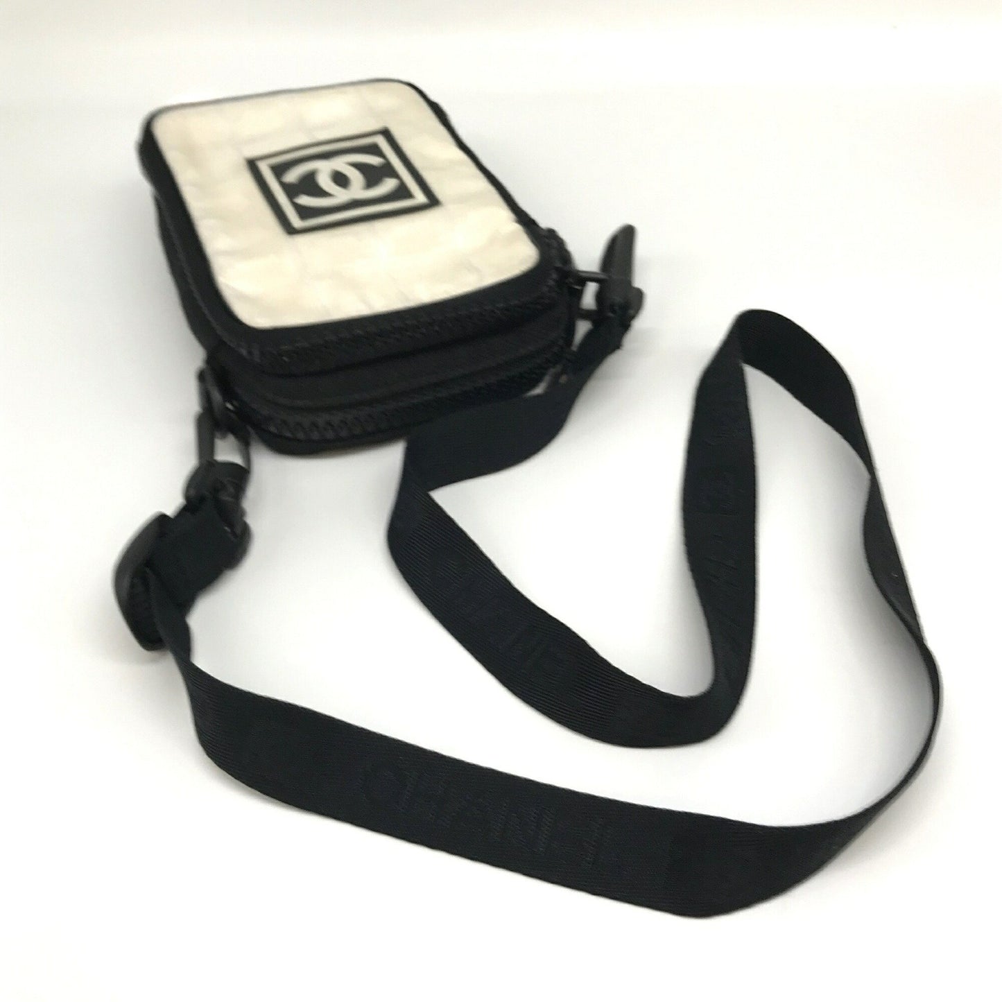 Chanel Sport Line Shoulder Bag Pochette Nylon Ivory Black Coco Mark No.8 Chanel