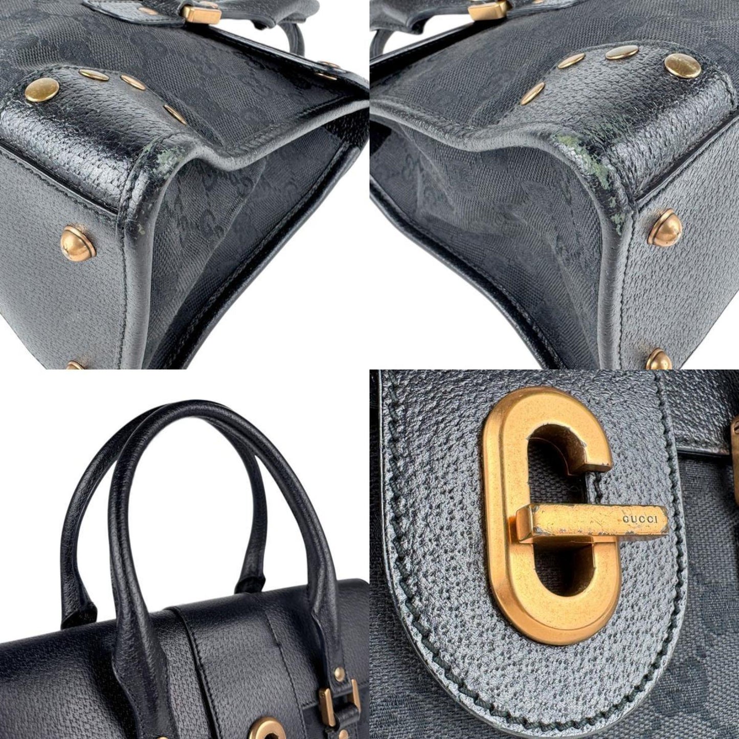 Gucci Handbag Gg Canvas Leather Black Bronze