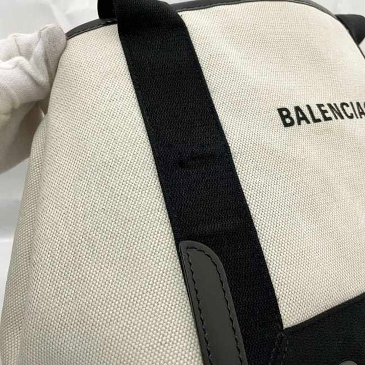 Balenciaga Tote Bag Navy Cabas Ec-23052 Natural White Black 339933 Canvas Leather 1081 U 002123