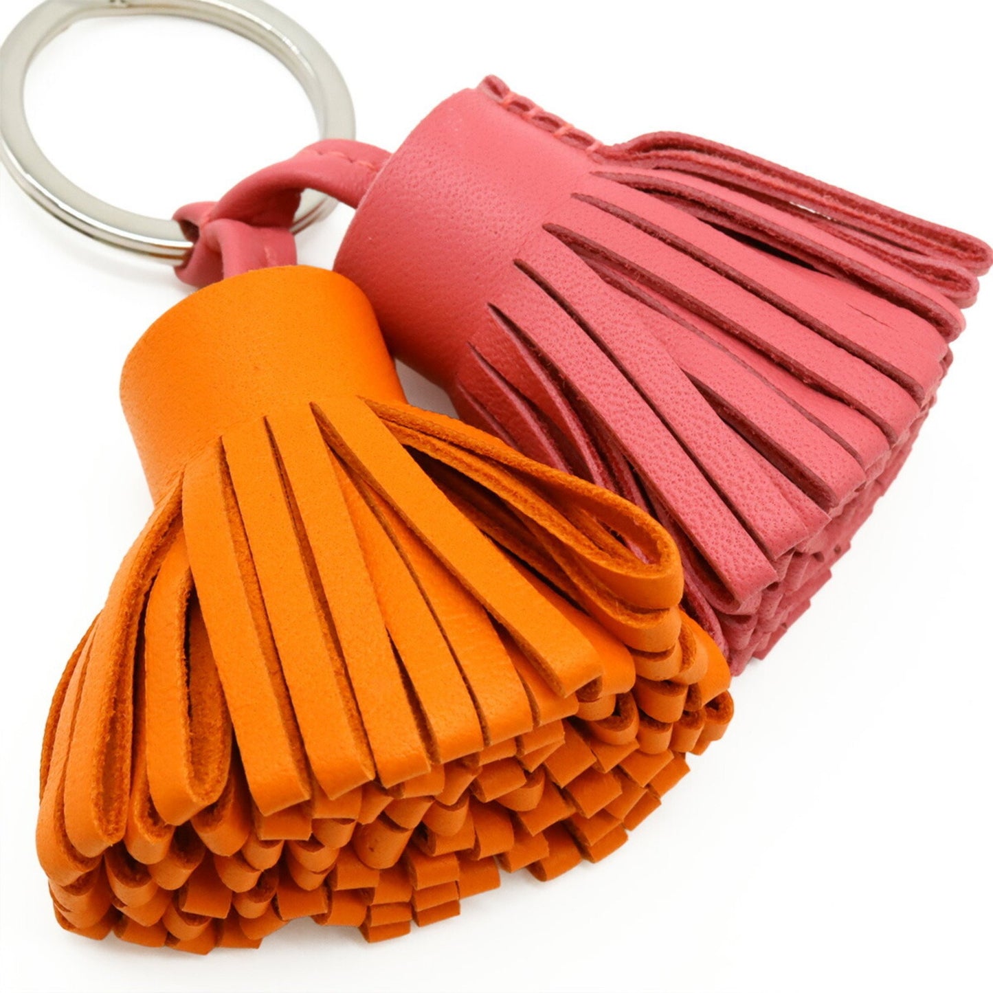 Hermes Carmen Unodos Key Ring Keychain Tassel Charm Annu Milo Leather Orange Pink