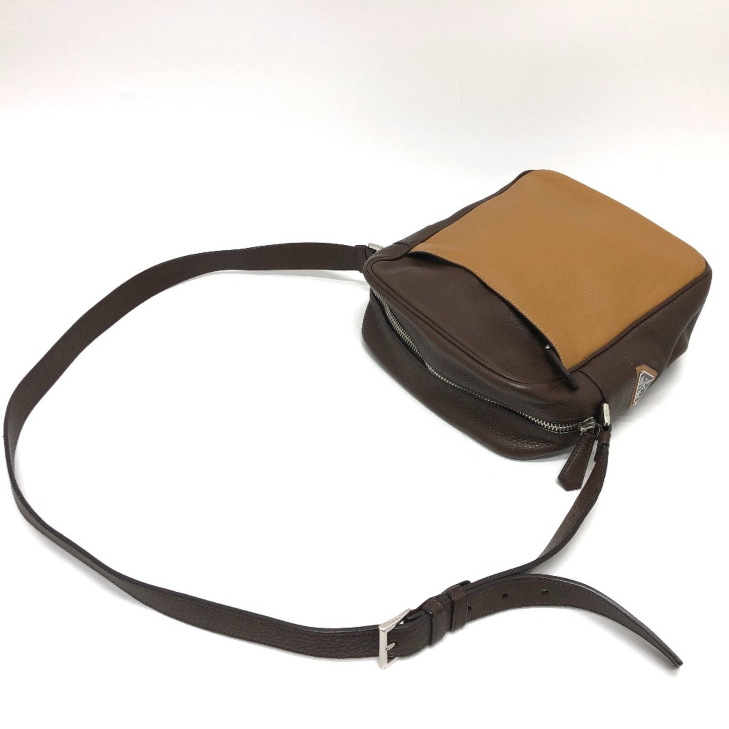 Prada Triangle Logo Bag Shawl Crossbody Shoulder Bag Brown Beige