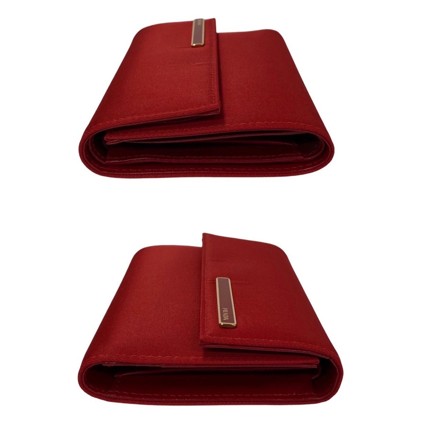 Prada Prada Metal Fittings Nylon Leather Bi-Fold Wallet Compact Red 13822