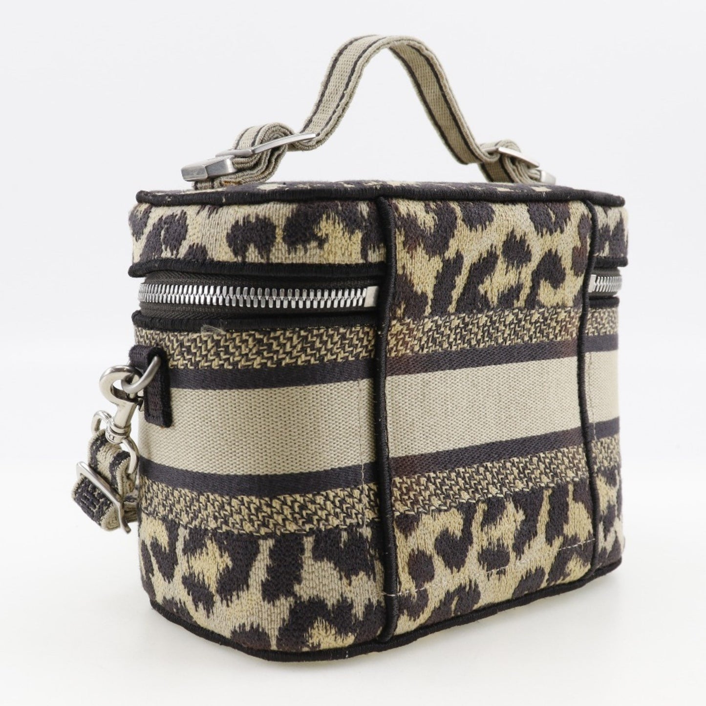 Christian Dior Vanity Handbag Shoulder Leopard Canvas Beige 2Way Double