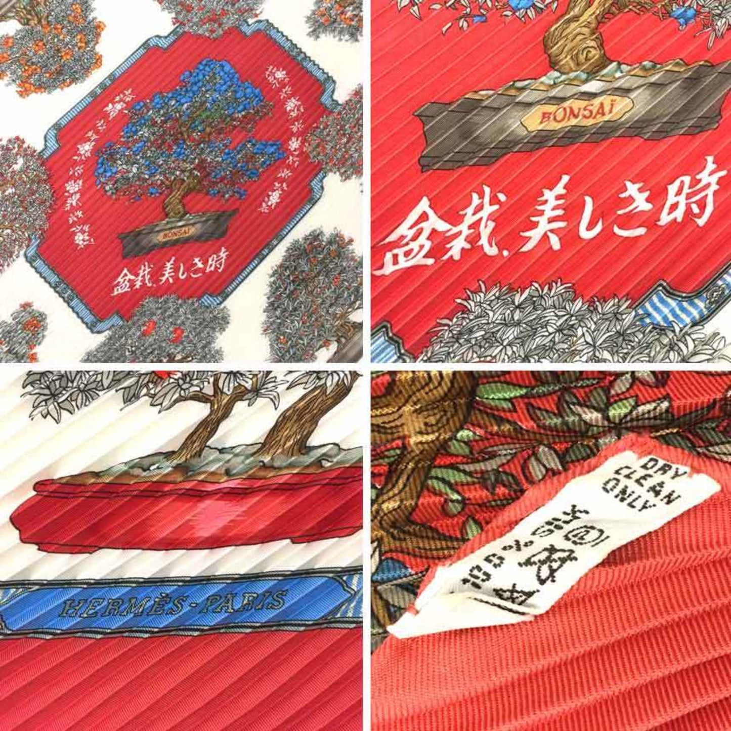 Hermes Pleated Scarf Carr 90 Bonsai Beautiful Time Ivory X Red 100% Silk Hermes Muffler