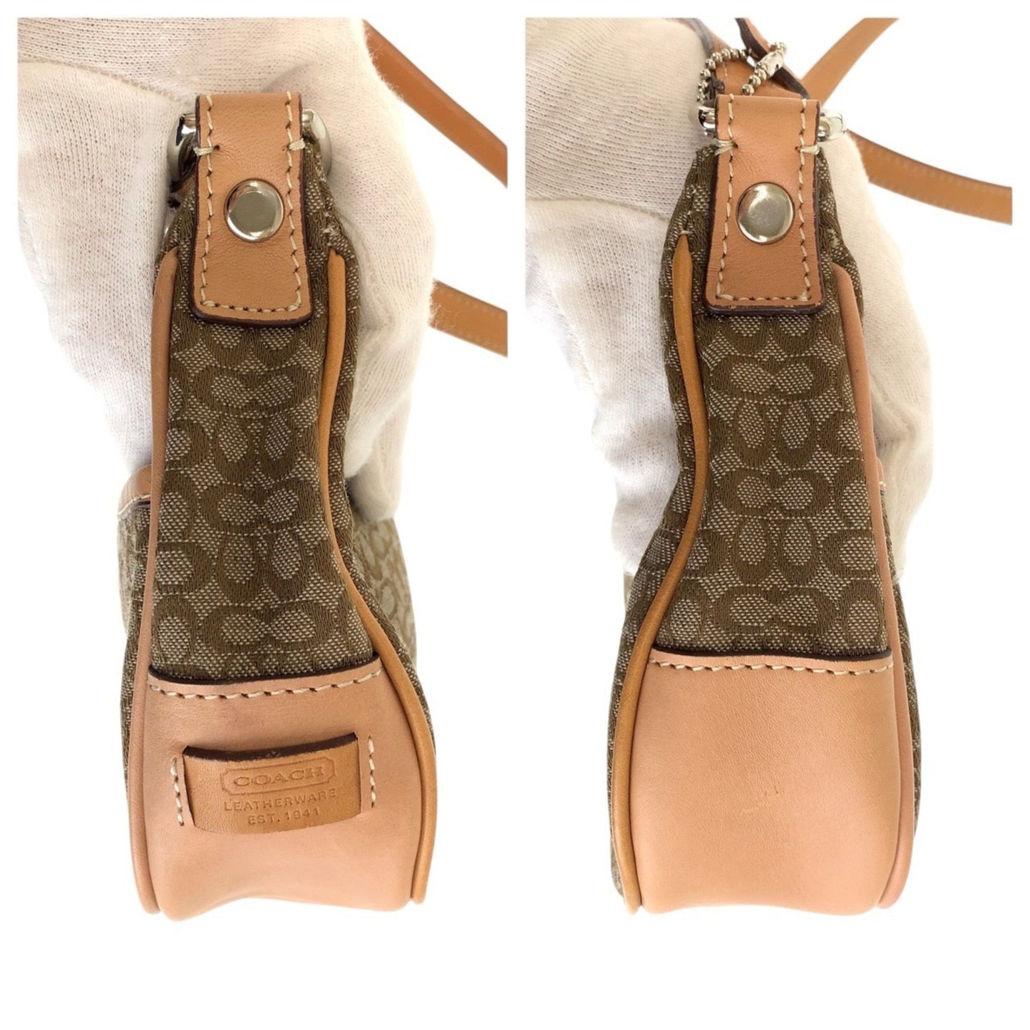 Coach Mini Signature Beige Silver Hardware Canvas Leather Shoulder Bag Pochette