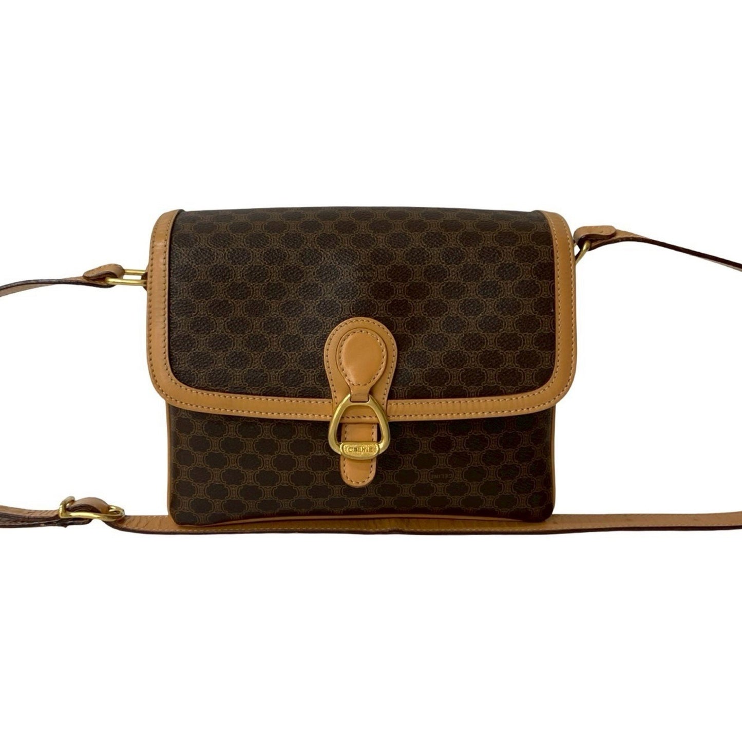 Celine Macadam Blason Pattern Logo Hardware Leather Shoulder Bag Pochette Brown 28847