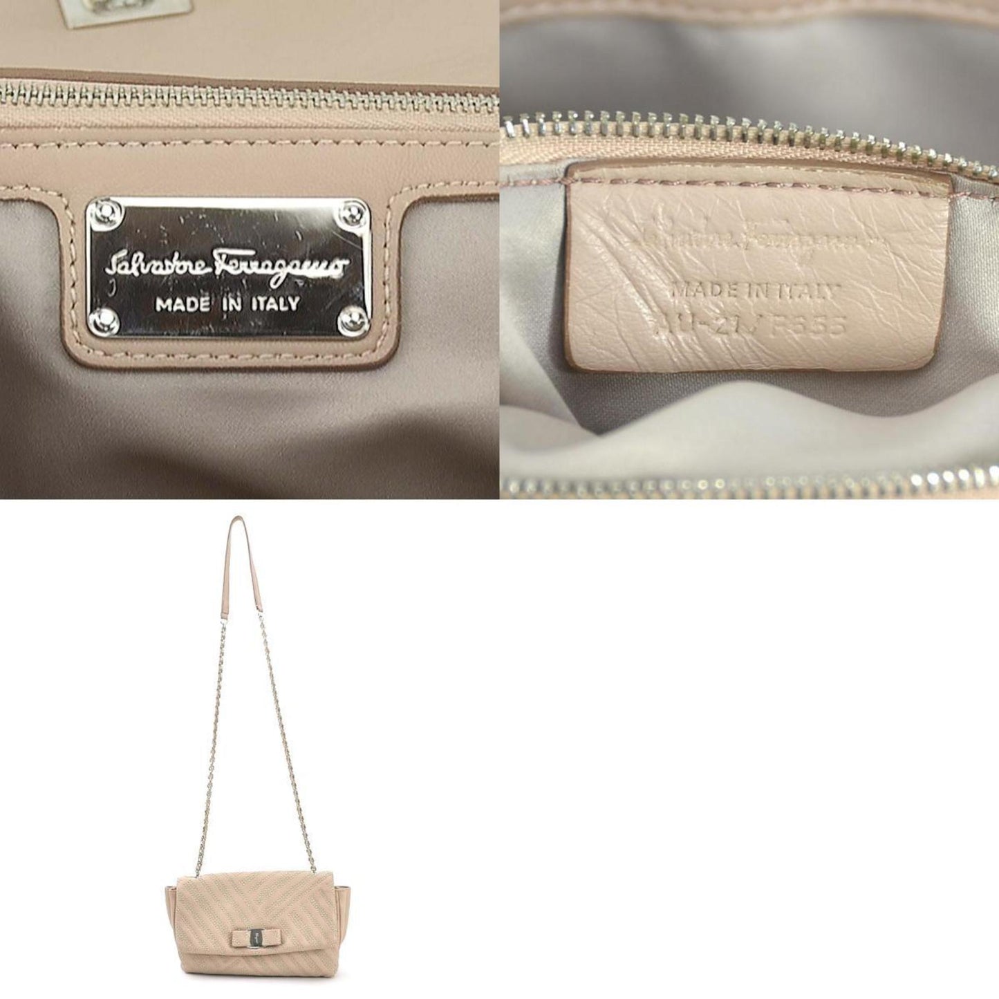 Salvatore Ferragamo Shoulder Bag Vara Ribbon Leather Metal Pink Beige