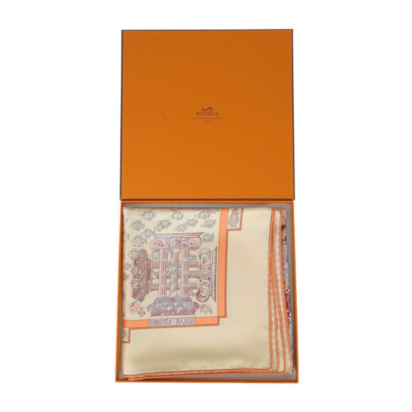 Hermes Scarf/Muffler Carre 90 Rencontre Oceane - Orange Multicolor 100% Silk