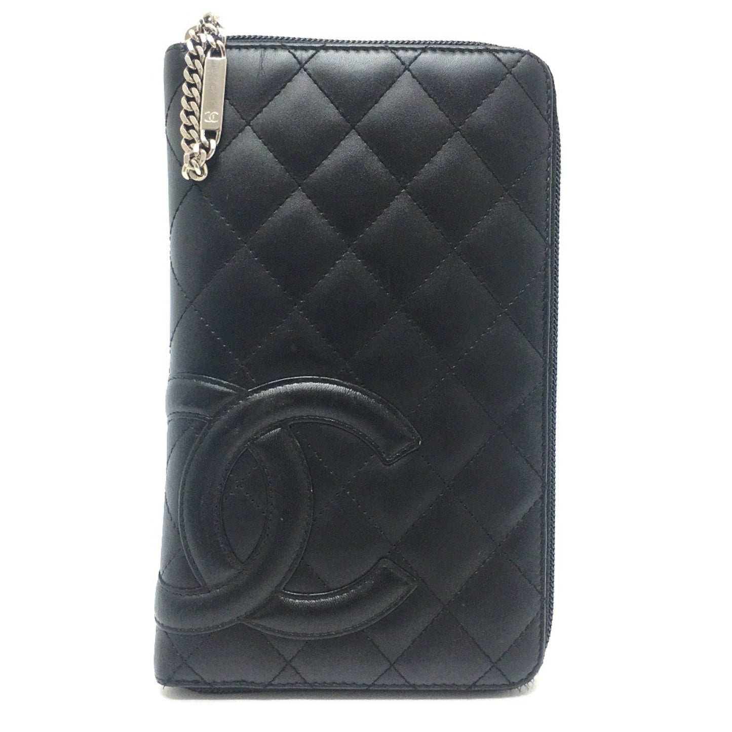 Chanel A26710 Cambon Line Zip Around Long Wallet Black X Pink