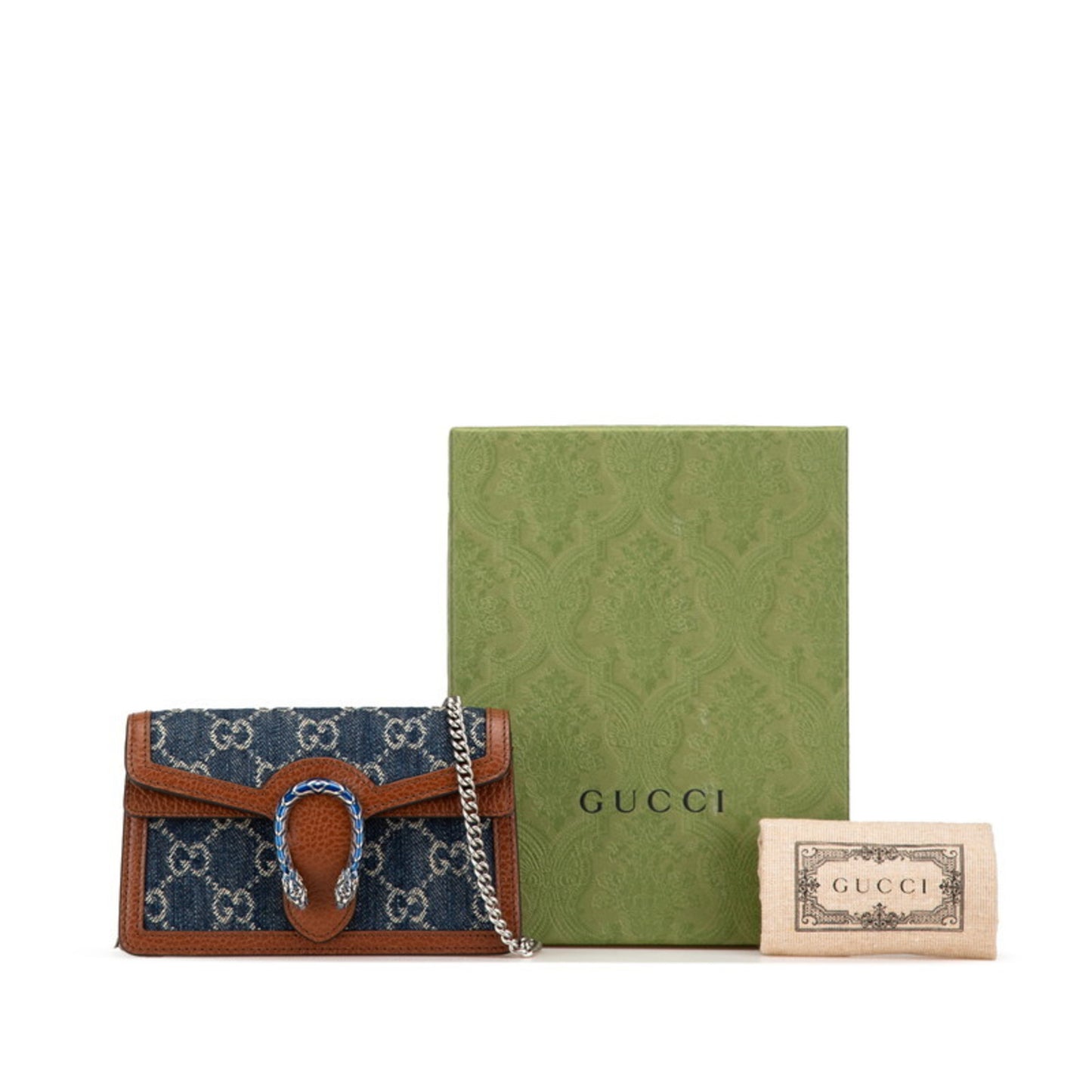 Gucci Gg Denim Dionysus Super Mini Bag Crossbody Chain Shoulder 476432 Indigo Blue Brown Leather