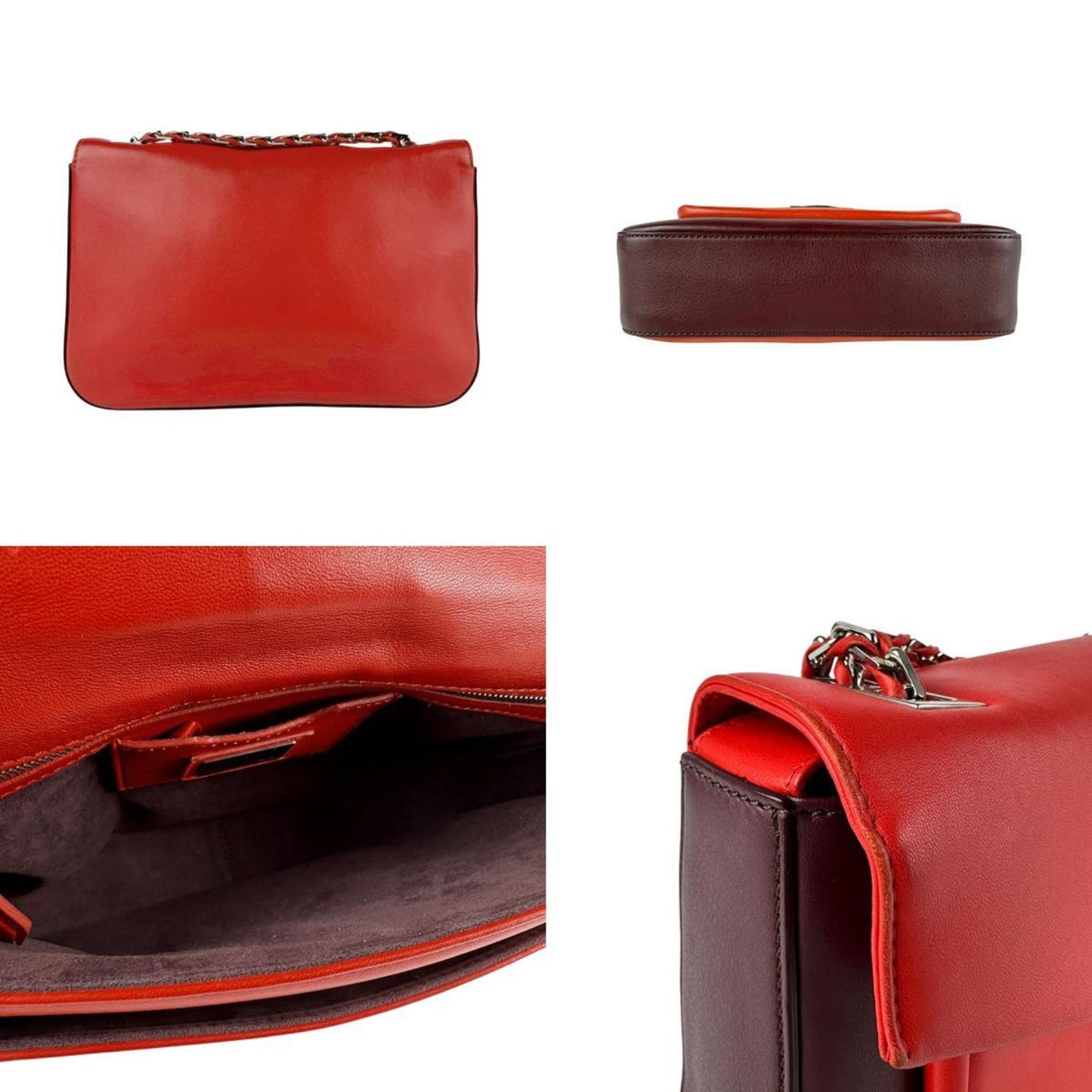 Fendi Shoulder Bag Leather Red Burgundy Silver