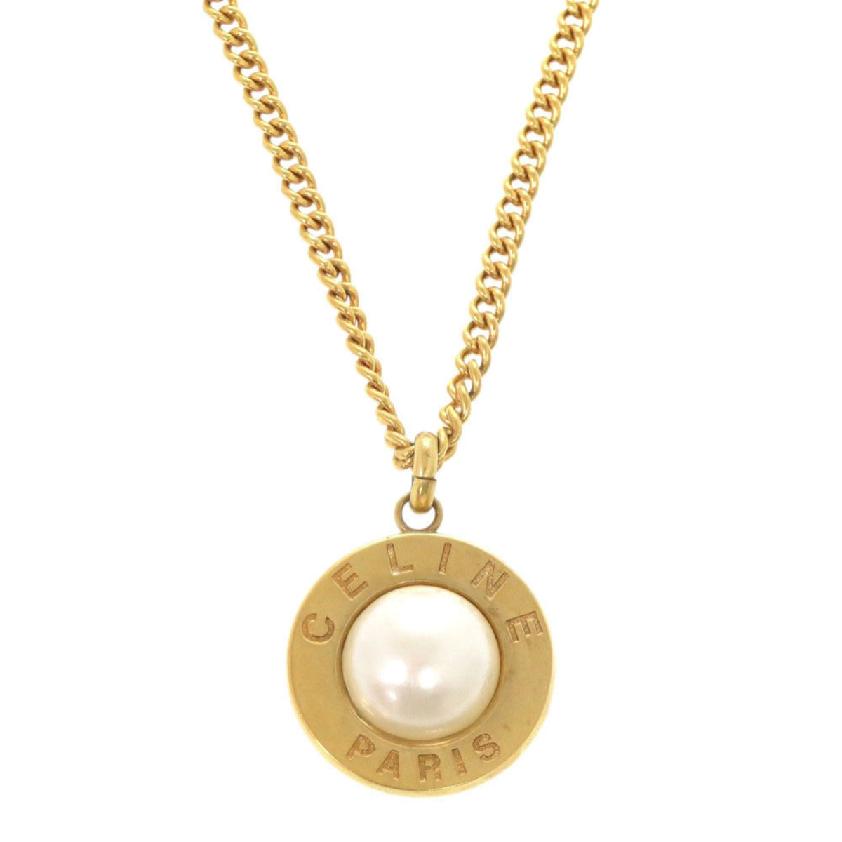 Celine Vintage Metal Faux Pearl Gold Necklace 1532 Celine