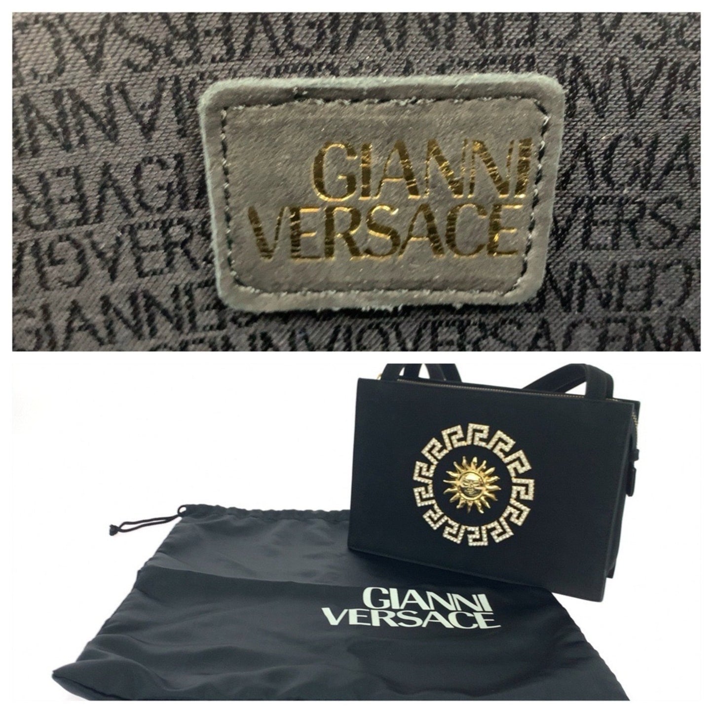 Gianni Versace Vintage Sunburst Black Suede Shoulder Bag With Gold Hardware