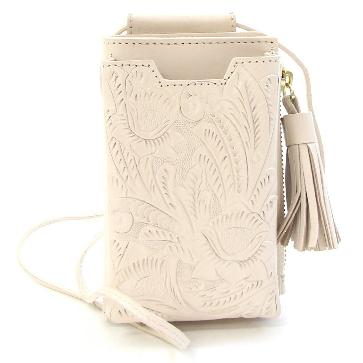 Grace Continental Shoulder Bag Carving Stripes Mobile Wallet Ecru Leather Smartphone