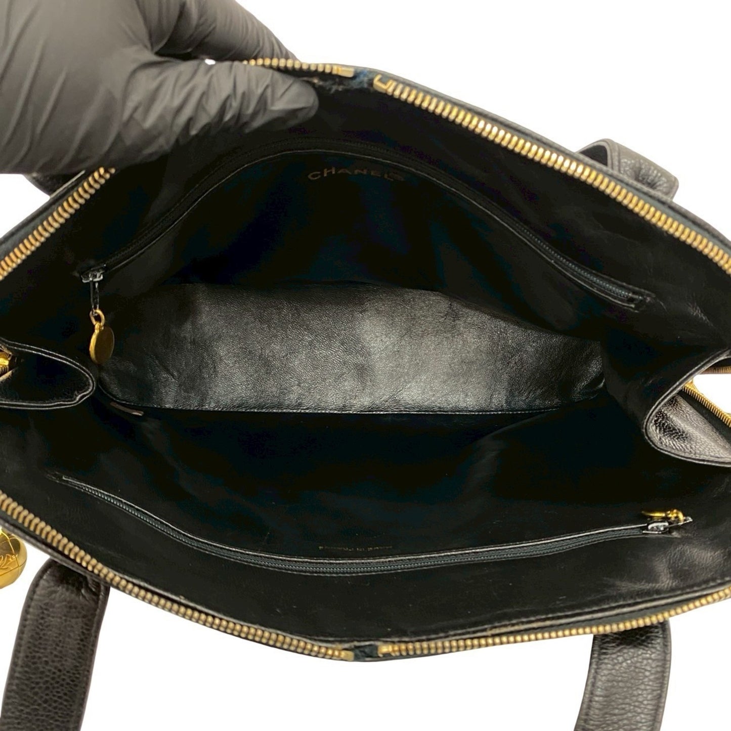 Chanel Vintage Coco Mark Caviar Leather Semi-Shoulder Bag Tote Black 36473