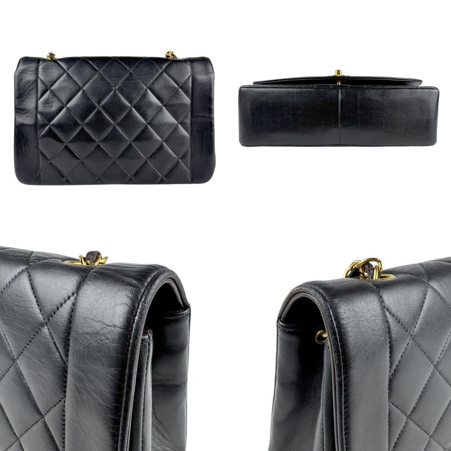 Chanel Shoulder Bag Matelasse Diana 25 Leather Black Gold