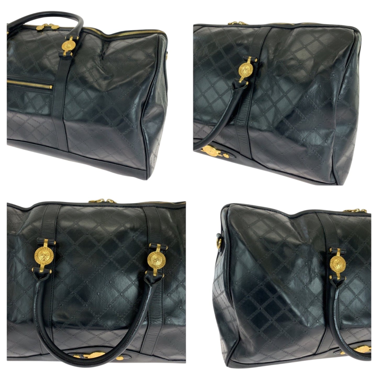 Versace Vintage Sunburst Black Gold Hardware Leather Boston Bag Handbag