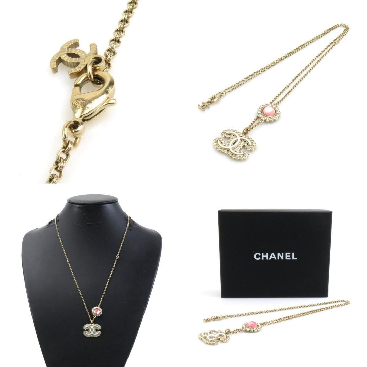 Chanel Necklace Coco Mark Metal Rhinestone Gold Silver Pink