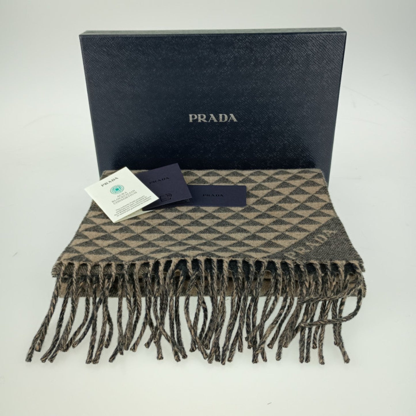 Prada Scarf Double Symbole 2Fs056 Antracite Grey Noisette Beige Wool Cashmere