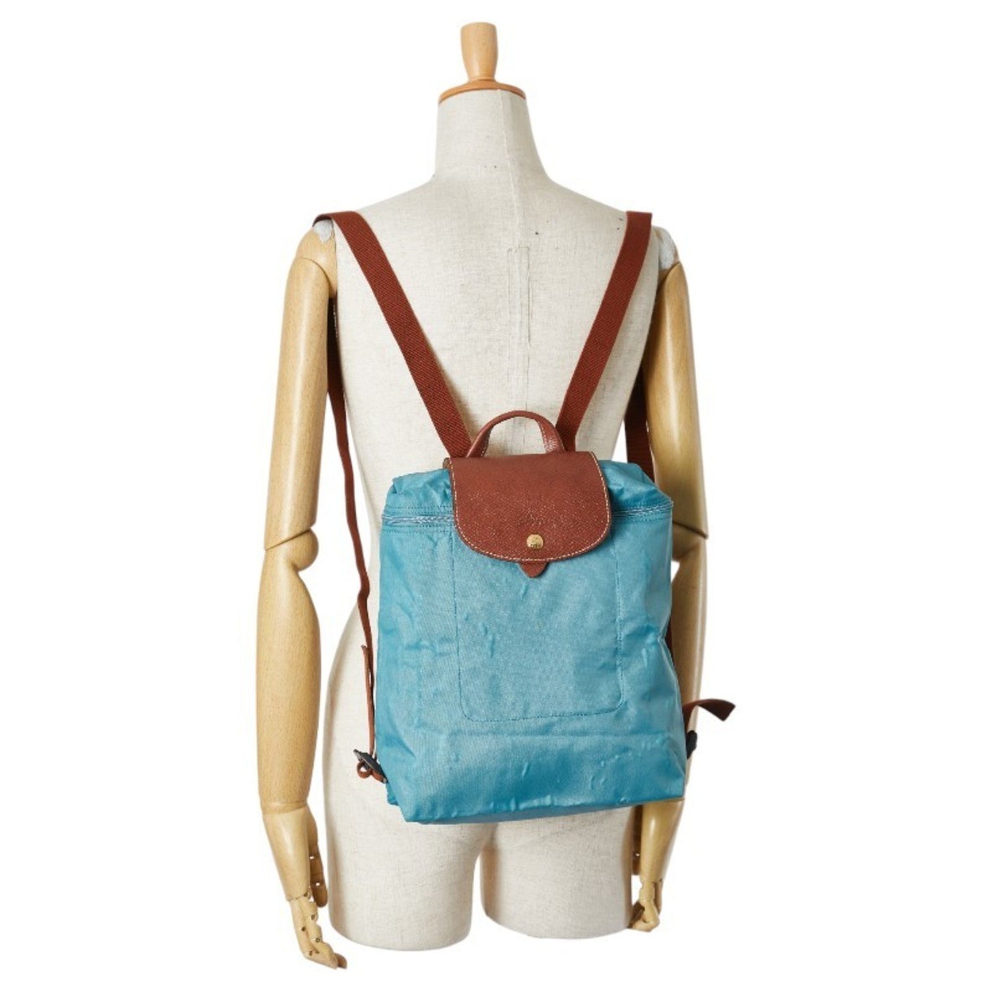 Longchamp Pliage Backpack Blue Brown Nylon Leather