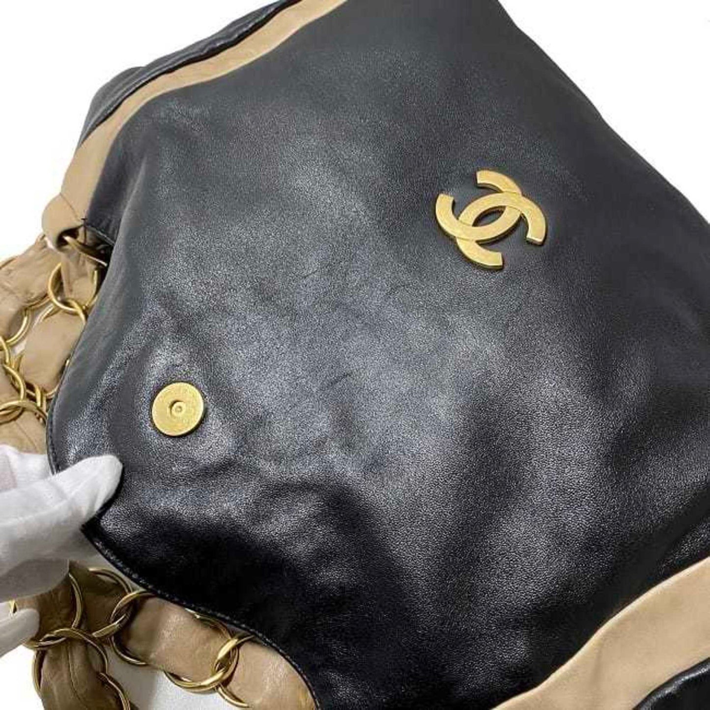 Chanel Chain Tote Bag Black Beige Gold Cocomark Leather Lambskin 7Th Chanel Big Soft
