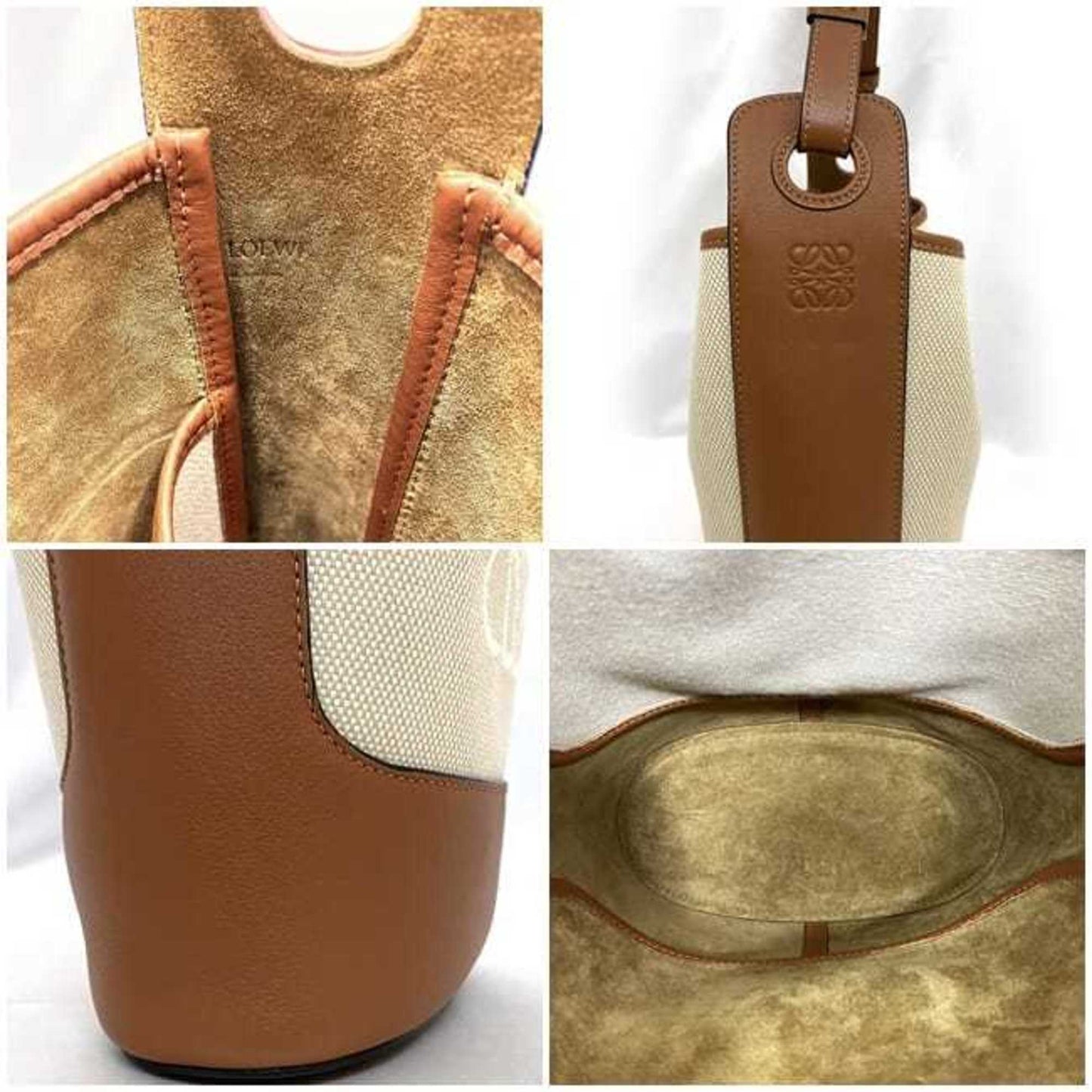 Loewe Shoulder Bag F-21320 Brown Beige Anagram A710W86X01 Bucket Hobo Canvas Leather 062115