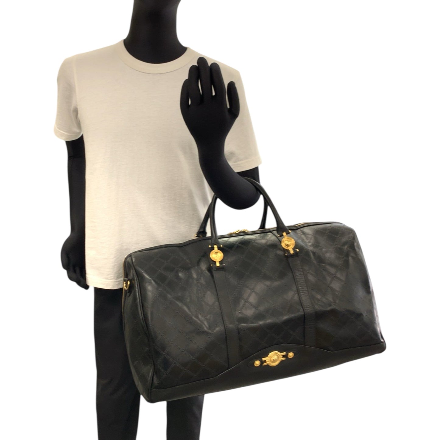 Versace Vintage Sunburst Black Gold Hardware Leather Boston Bag Handbag