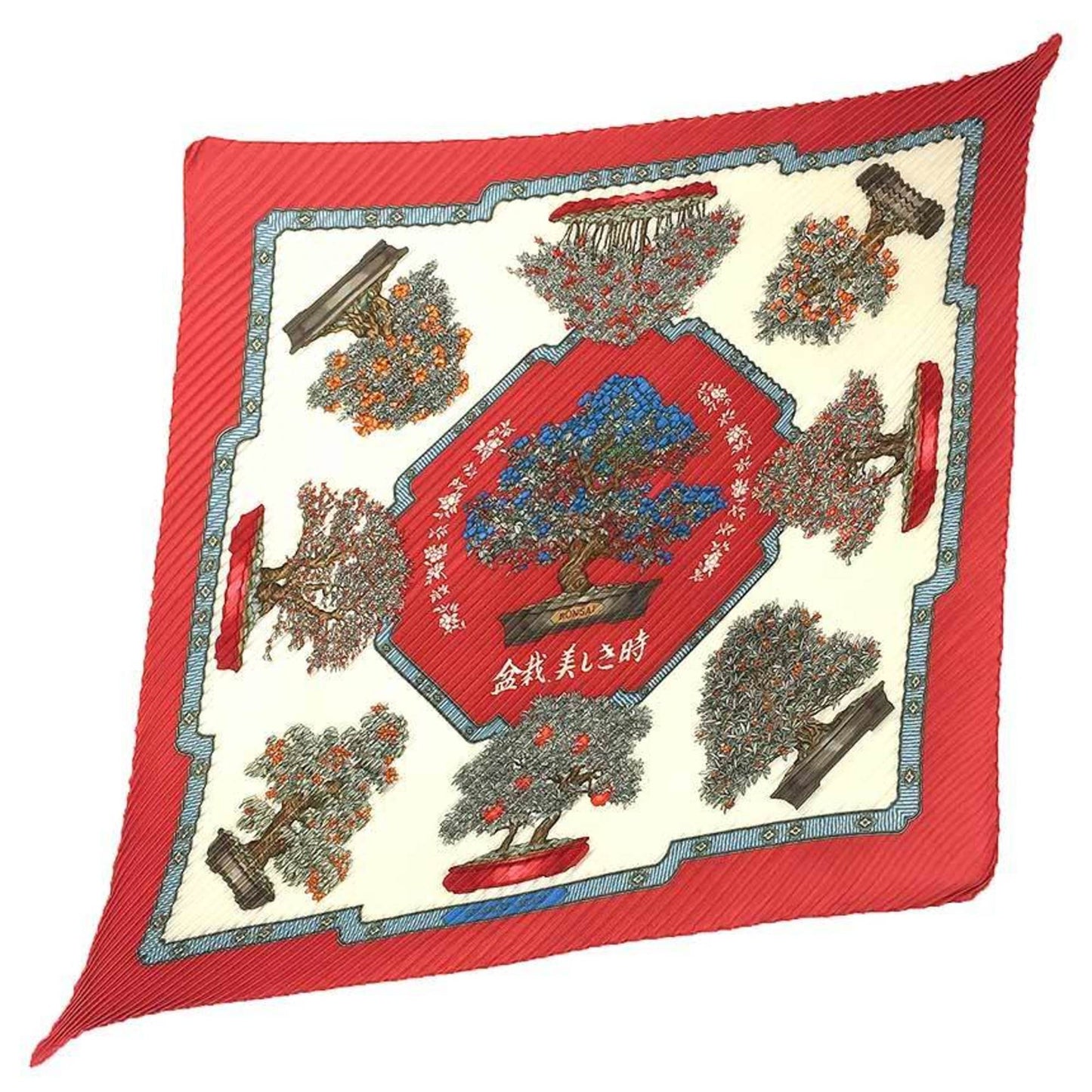 Hermes Pleated Scarf Carr 90 Bonsai Beautiful Time Ivory X Red 100% Silk Hermes Muffler