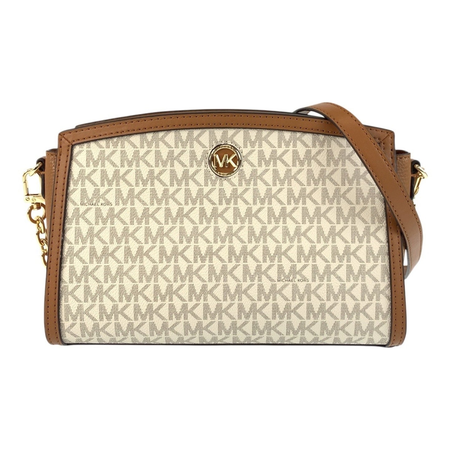 Michael Kors Mk Signature White Brown Gold Hardware Leather 00278 Shoulder Bag Pochette