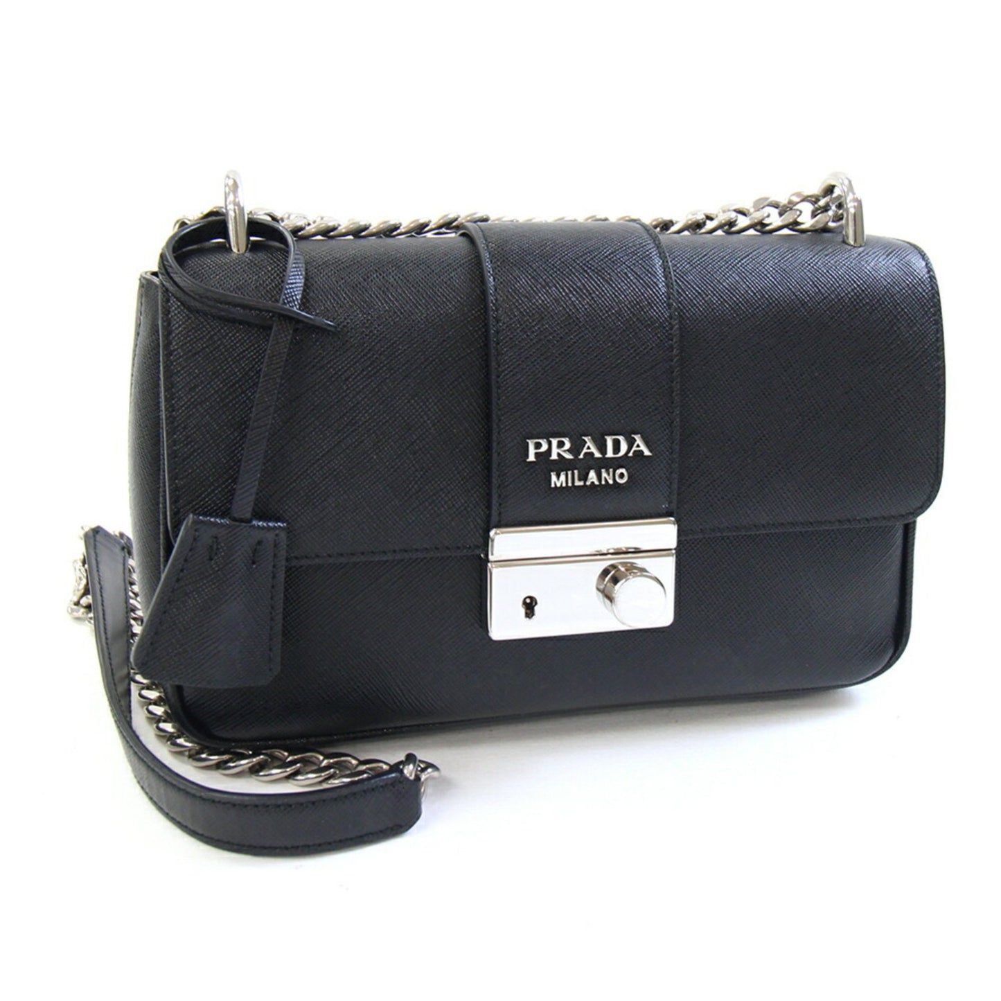 Prada Shoulder Bag 1Bd298 Black Leather Saffiano Chain Crossbody