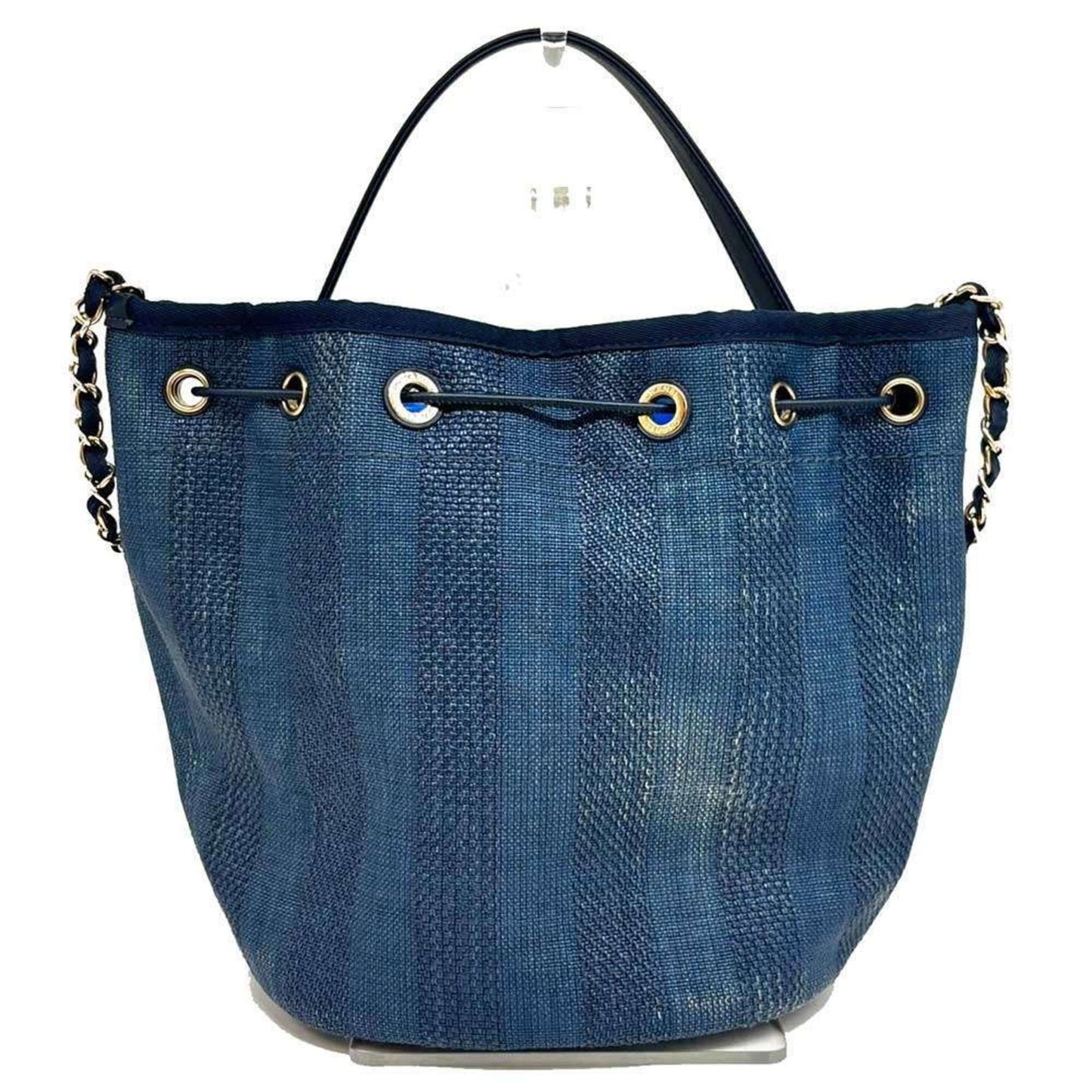 Chanel Deauville Shoulder Bag A57536 Raffia X Leather Drawstring Indigo Blue